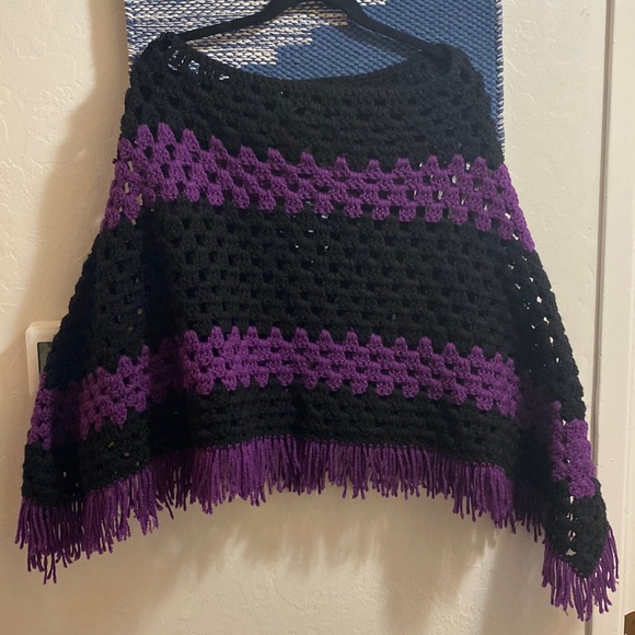 Vintage Purple and Black Striped Knitted Poncho - Picture 1 of 3
